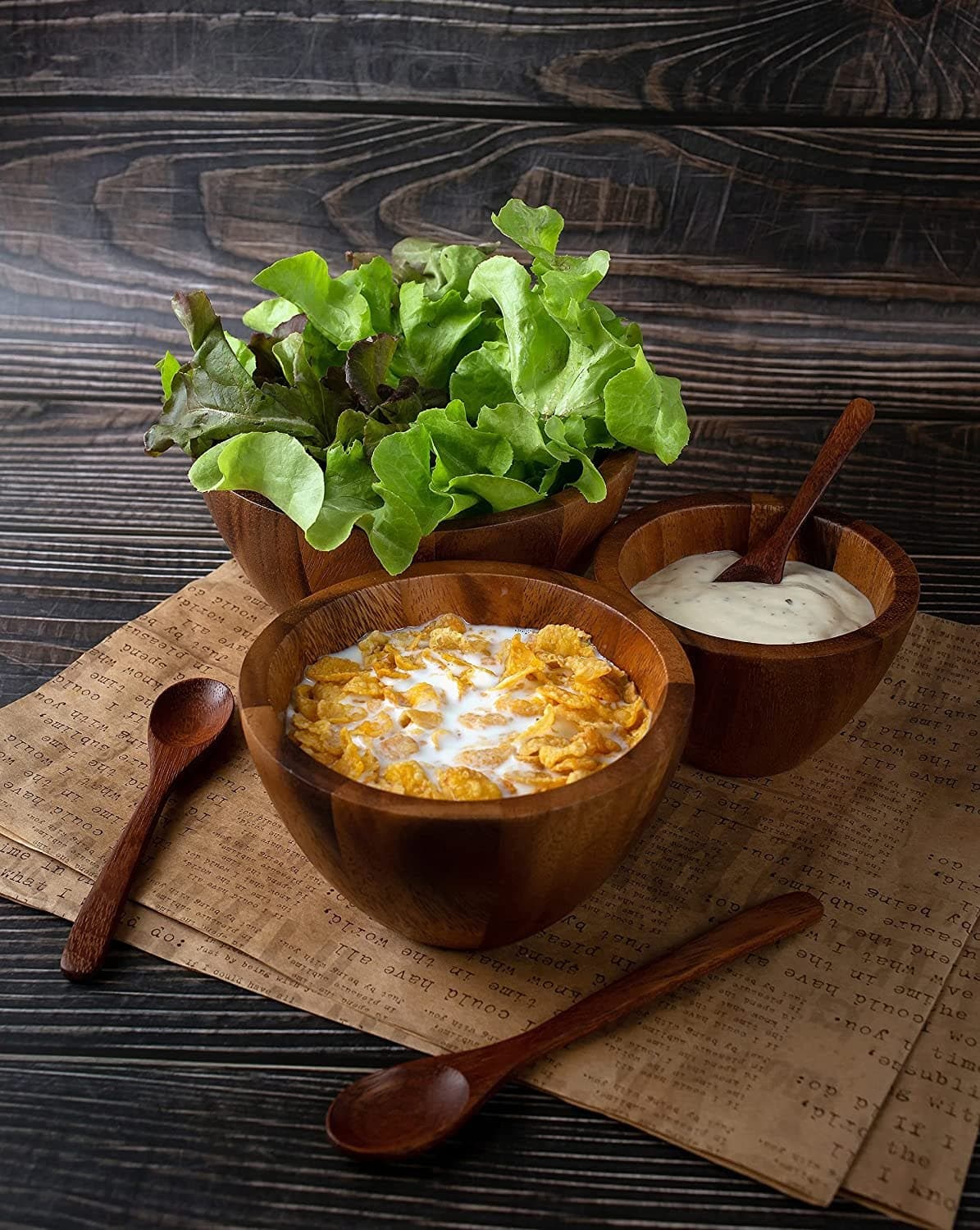 Set 3 Large Acacia Wood Nesting Round Serving Bowls With Stackable Wooden Spoons and Forks Utensils alternate