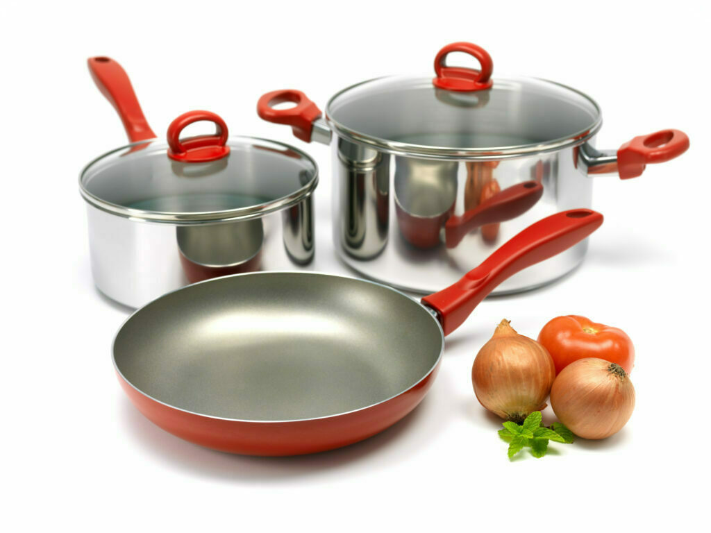 frying pan materials: metal, ceramic, and silicone.