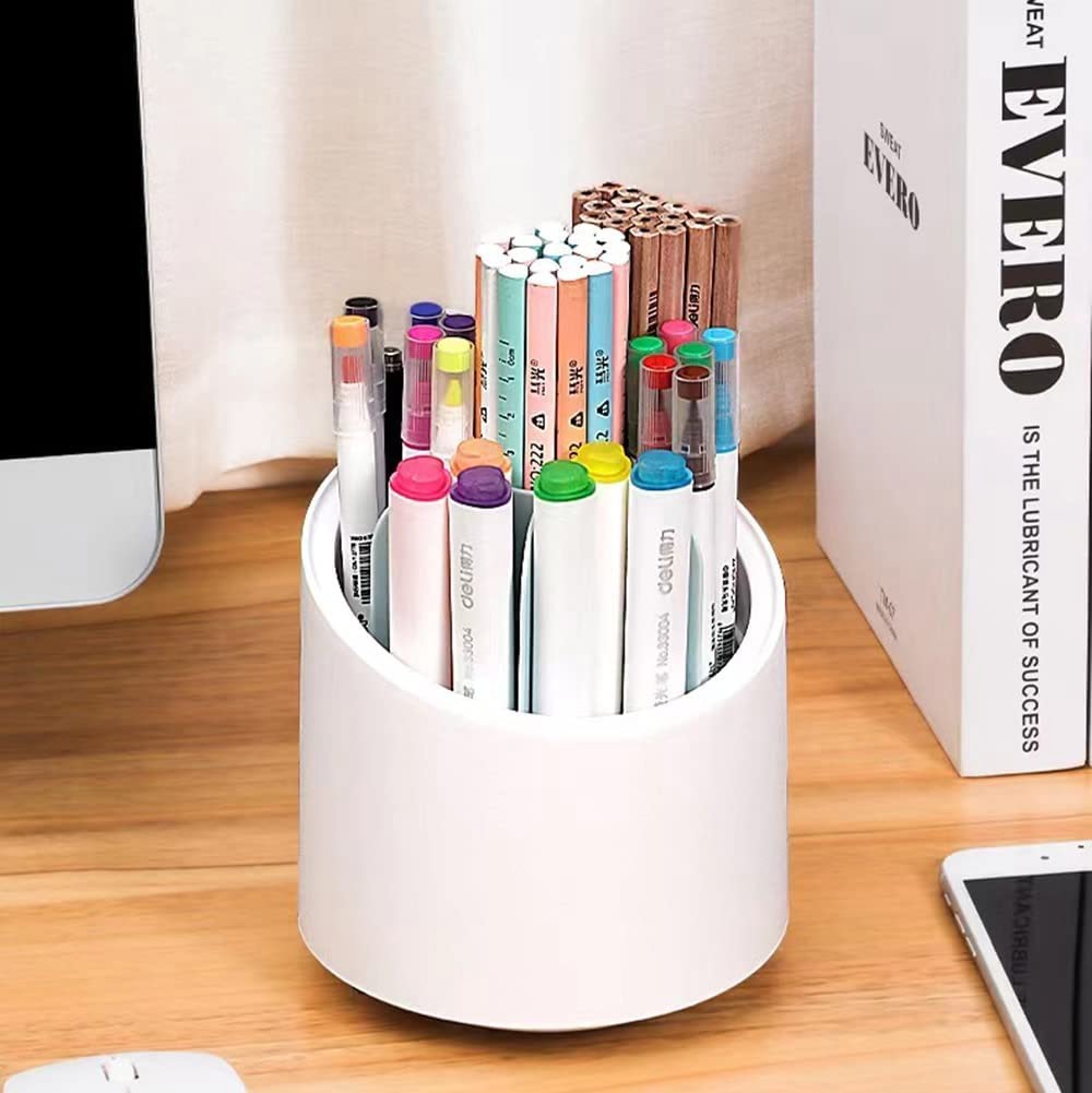 EDENMS Desk Pencil Pen Holder, 3 Slots, 360-Degree Spinning Organizers, White