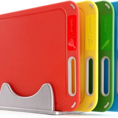 Set of 4 Plastic Cutting Board With Storage Stand - Preventing Cross-contamination, BPA- Free, Color Box Packed