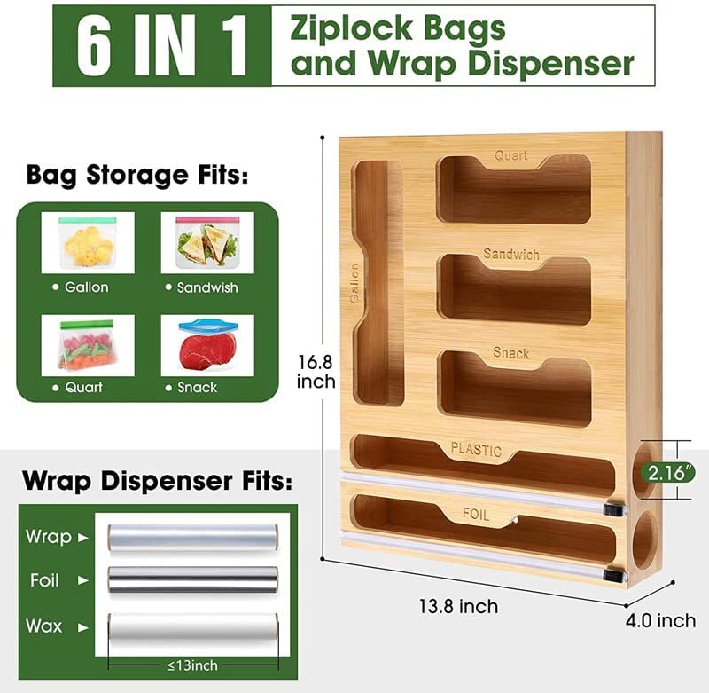 Bamboo Ziplock Bag Organizer and Plastic Wrap Dispenser with