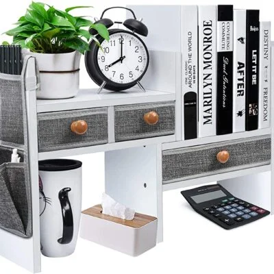 Expandable Desktop Bookshelf with Drawers (White)