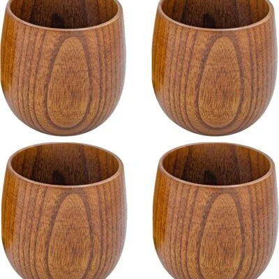 4 Set Handmade Wood Bowls - Jujube Wooden Japanese Bowls with Matching Spoon for Rice, Soup, Dip, Salad, Tea