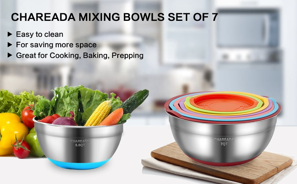 Mixing Bowl Set With Lids, 7/3.5/2.5/1.5/1 Qt, Stainless Steel