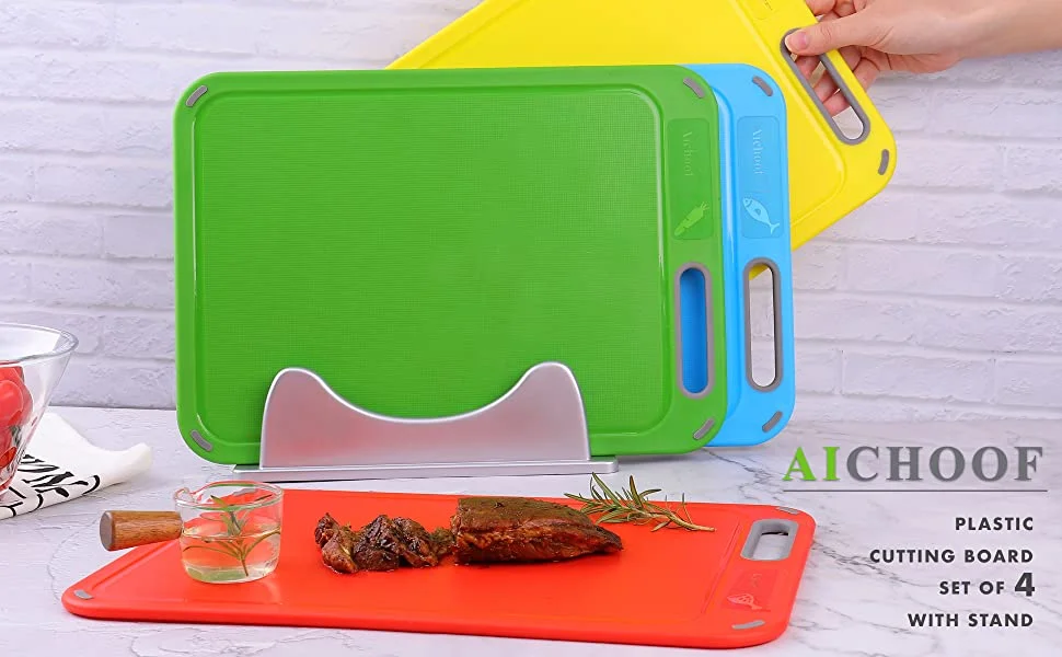plastic index kitchen cutting board set of 4 with stand food icon non-slip usa color liquid groove